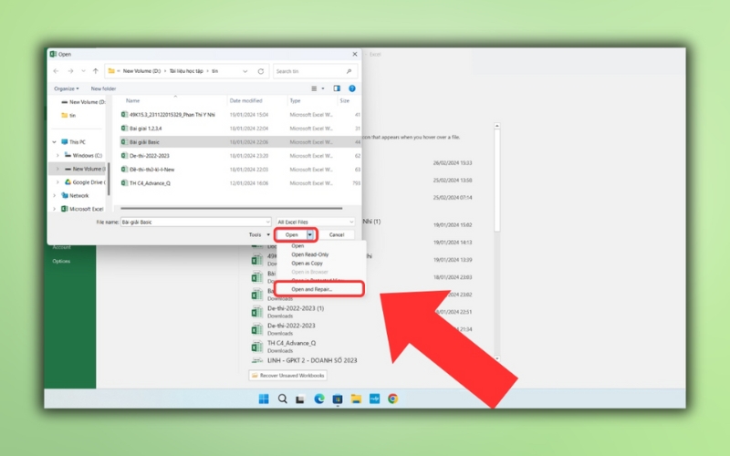 Thoát khỏi file Excel bị lỗi và mở lại bằng chế độ sửa lỗi