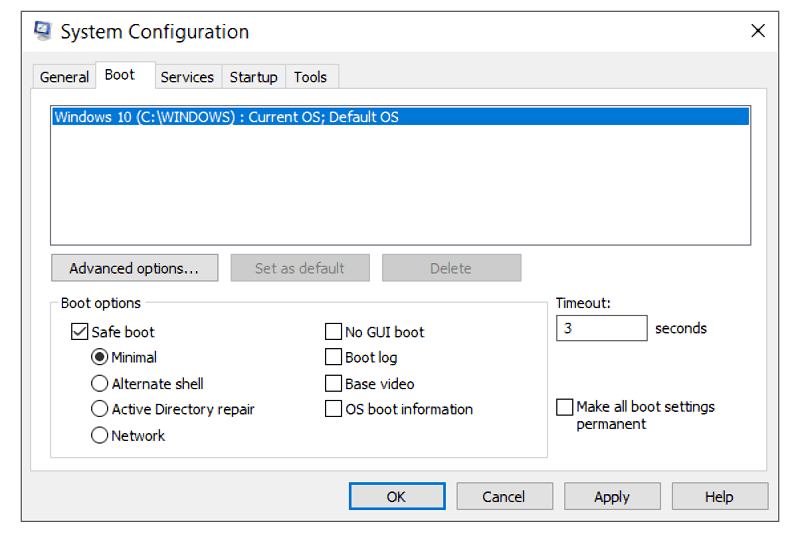 tích vào ô Safe boot và chọn Minimal
