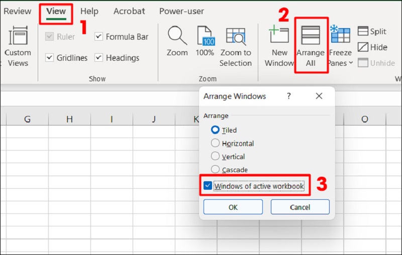 tích chọn Windows of active workbook rồi nhấn OK