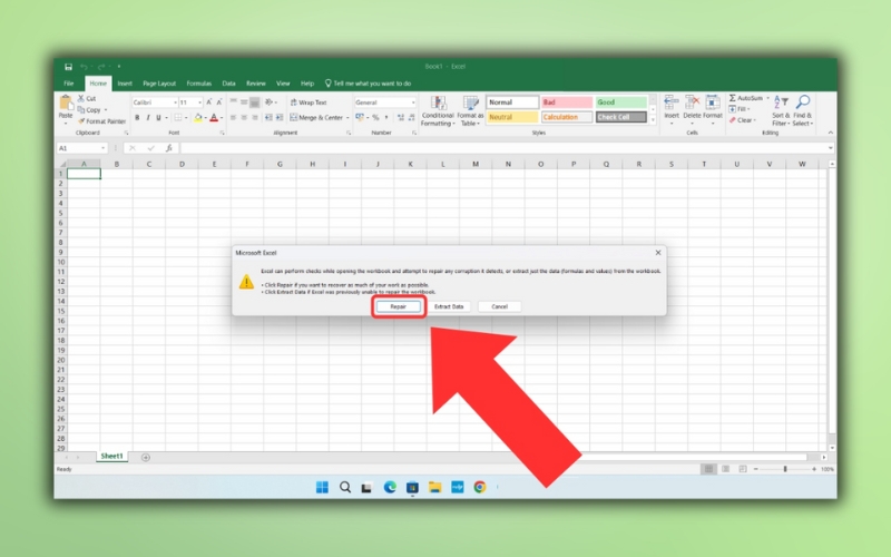 Tiến hành sửa file Excel bằng công cụ Repair