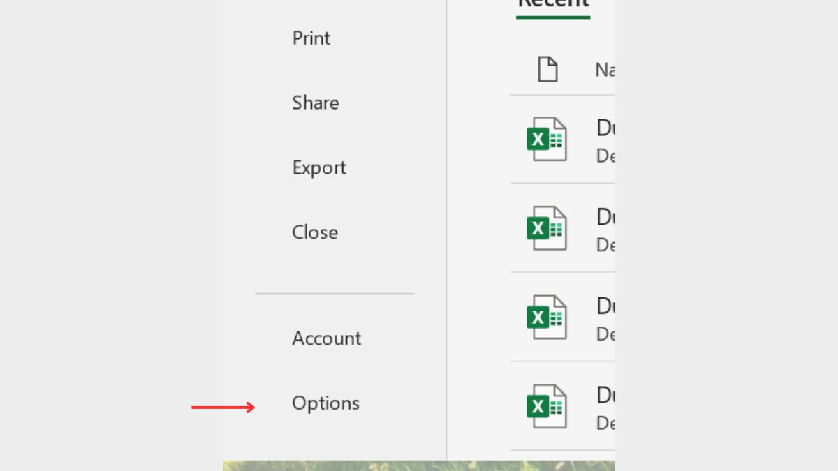 chọn File và sau đó nhấn Options