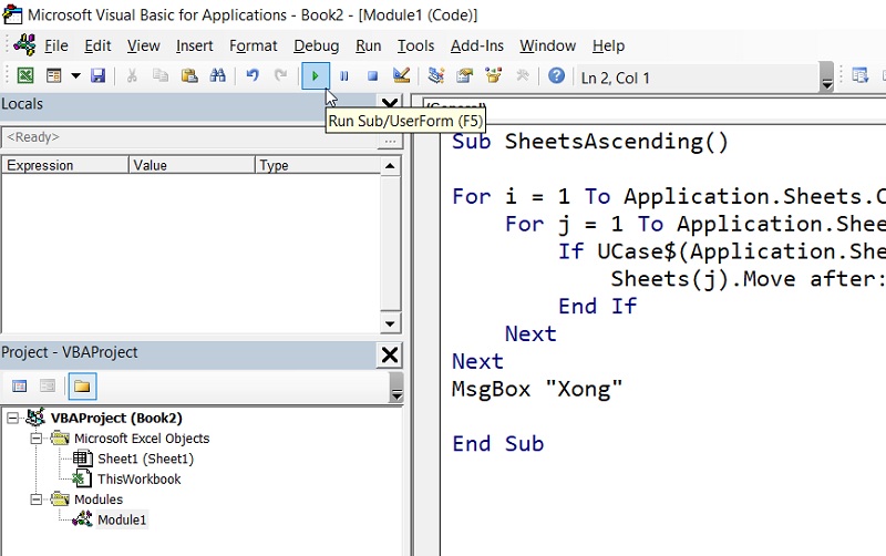 chạy VBA code sắp xếp sheet trong Excel theo thứ tự