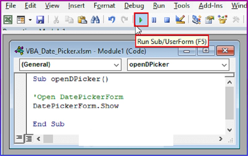 chạy mã VBA tạo nút Datepicker