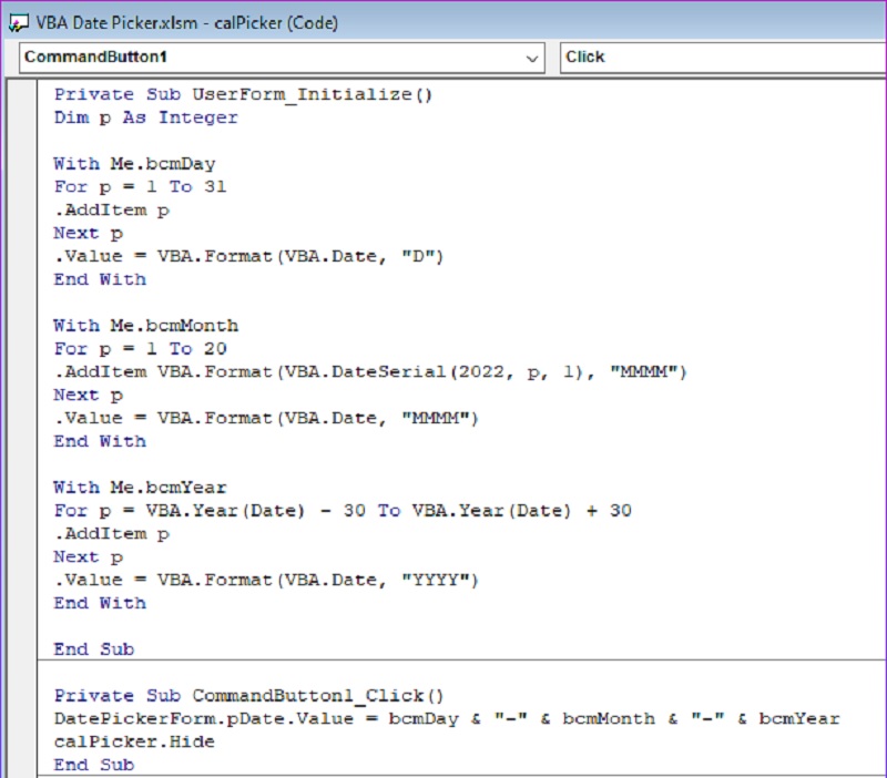 chạy mã VBA tạo lịch Datepicker
