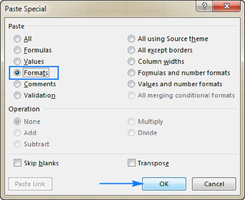chọn Formats và nhấn OK