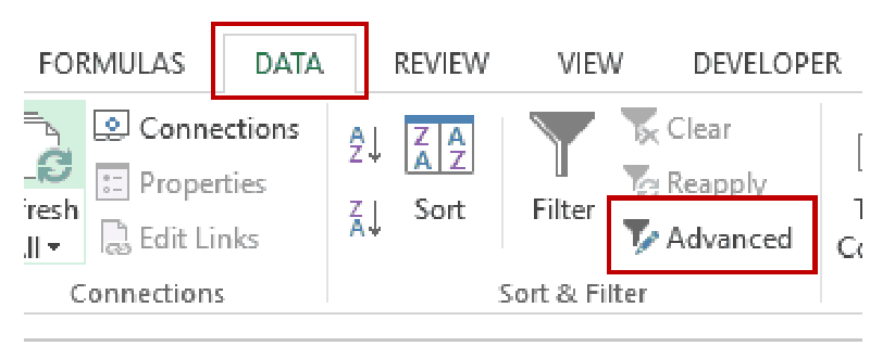 nhấn chọn Advanced trong nhóm lệnh Sort & Filter
