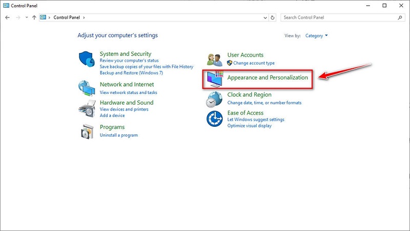 chọn mục Appearance and Personalization