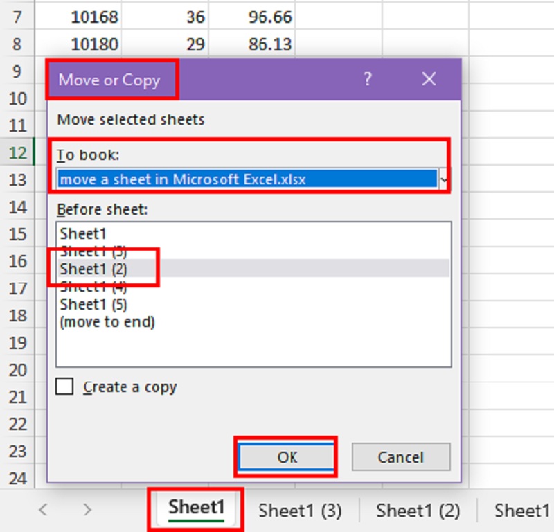 chọn sheet mà bạn muốn đặt phía sau và nhấn OK