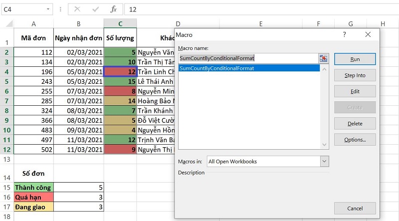 Chọn SumCountByConditionalFormat và nhấn Run