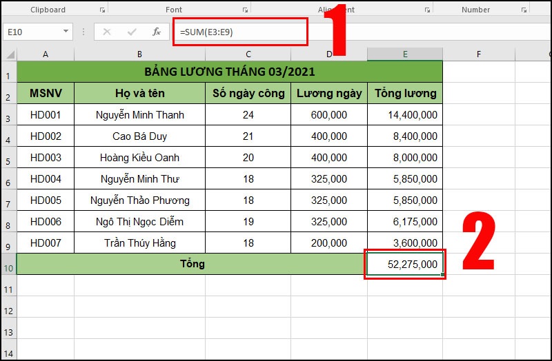 cộng tổng các tích bằng hàm SUM