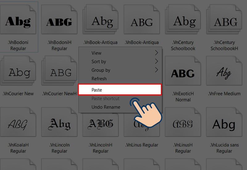 dán các font đã sao chép vào thư mục Fonts