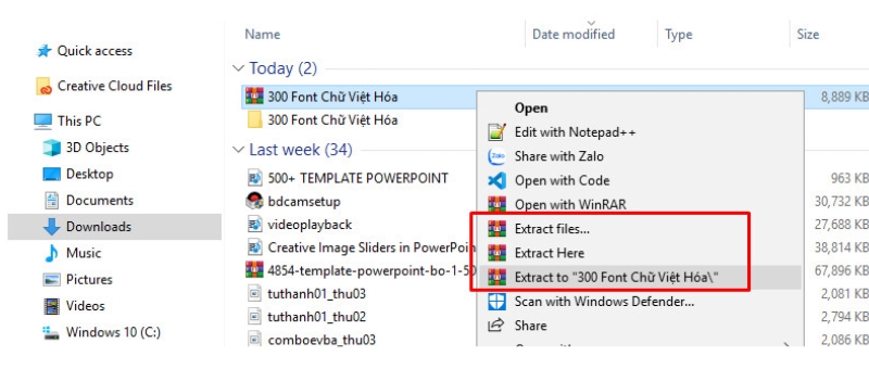 giải nén file chứa font chữ vừa tải về