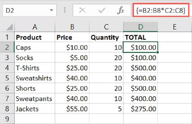 nhân 2 cột trong Excel bằng công thức mảng