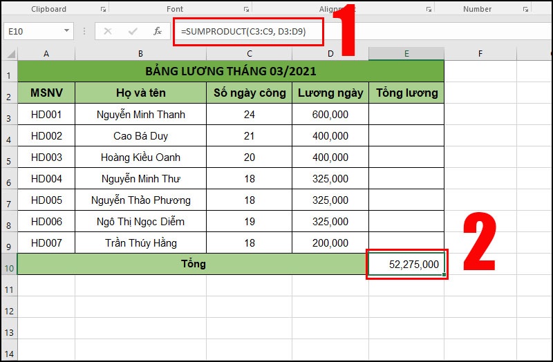 nhân 2 cột trong Excel rồi tính tổng bằng hàm SUMPRODUCT
