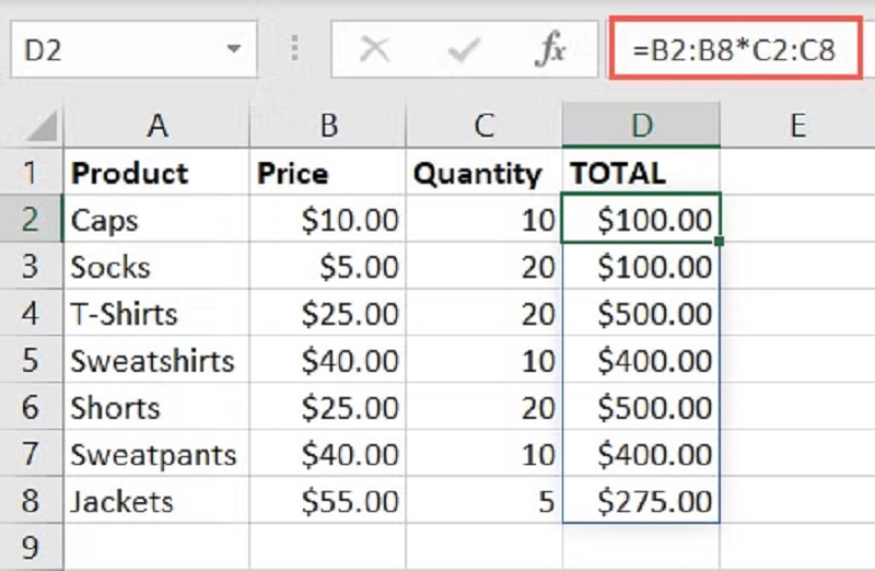 nhân 2 cột trong Excel với công thức mảng
