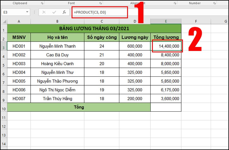 nhân 2 cột trong Excel với hàm PRODUCT