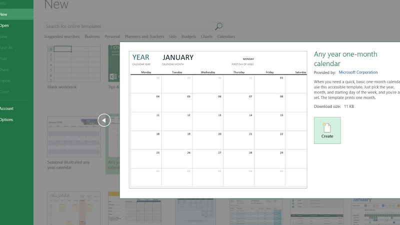 nhấn Create để mở template đã chọn trong Excel