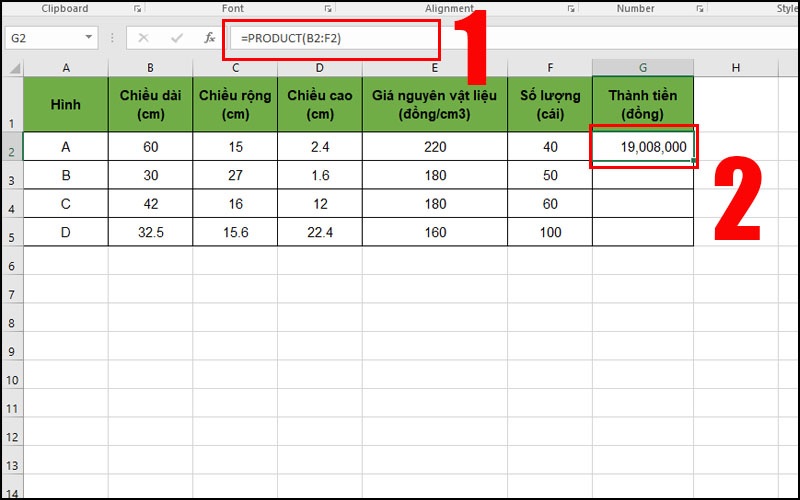 nhân nhiều cột trong Excel bằng hàm PRODUCT