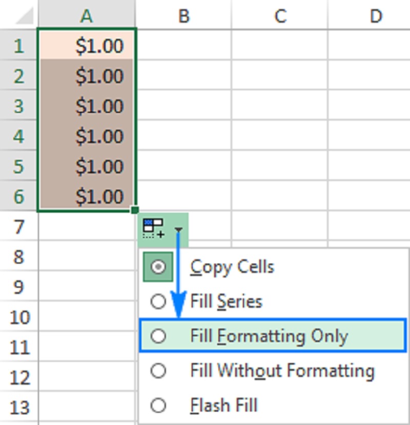 nhấn vào danh sách Auto Fill Options và chọn Fill Formatting Only