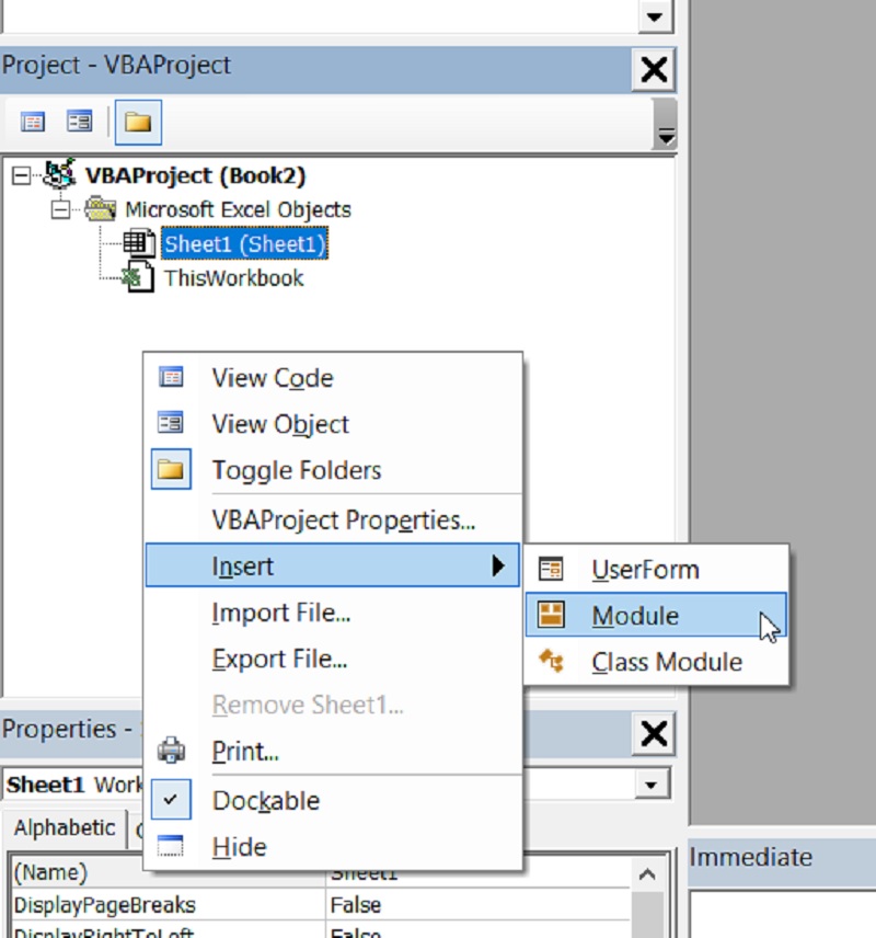 nhấn chuột phải và chọn Insert → Module để tạo một module mới