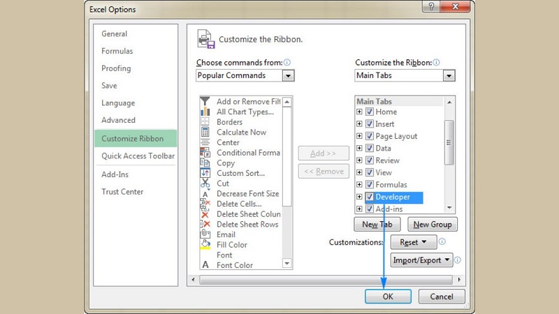 tích chọn mục Developer
