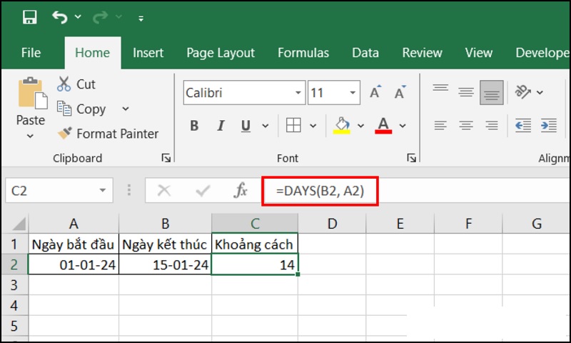 tính số ngày giữa 2 mốc thời gian trong Excel bằng hàm DAYS