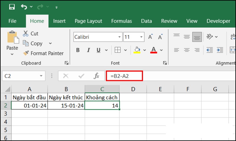 tính số ngày giữa 2 mốc thời gian trong Excel bằng phép trừ
