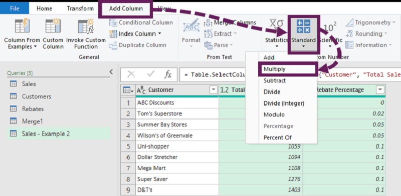 Vào tab Add Column > chọn Standard > chọn Multiply