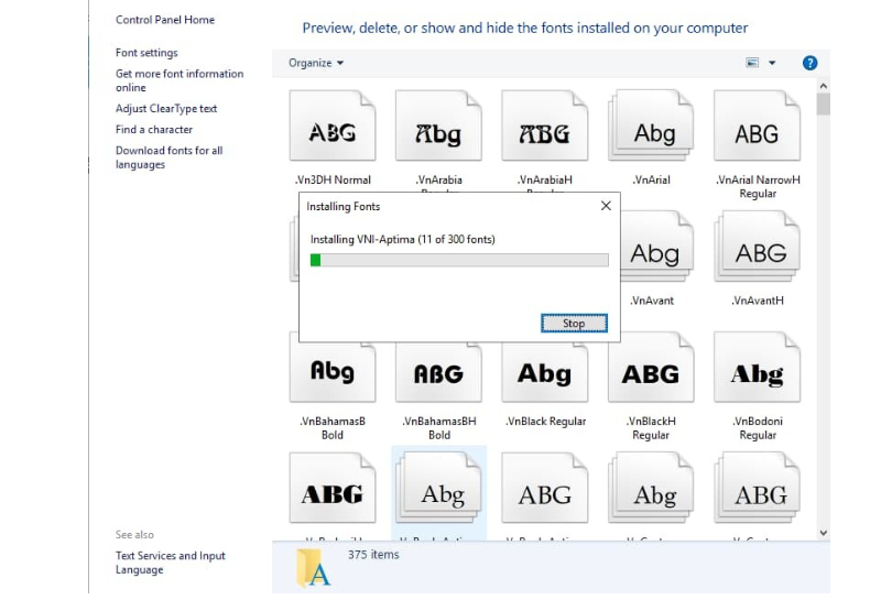 dán font vào thư mục Fonts trong Control Panel