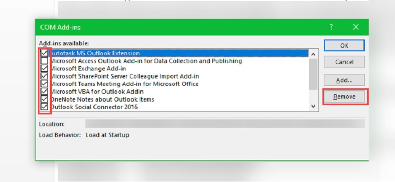 bỏ chọn những Add-ins gây lỗi và nhấn OK