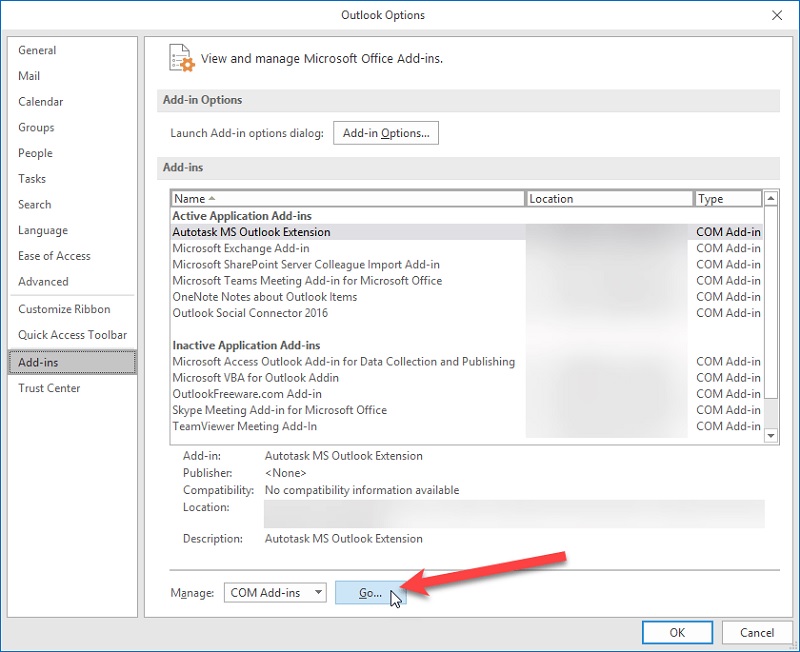chọn COM Add-ins sau đó nhấn Go