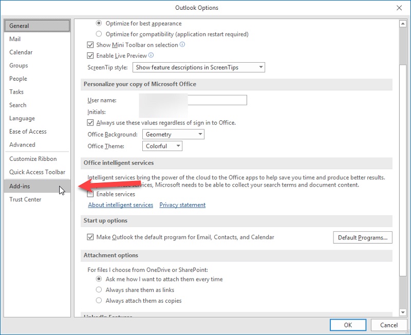 chọn mục Add-ins ở menu bên trái
