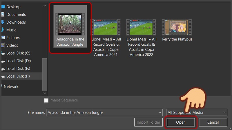 chọn video vừa nhập và nhấn Open