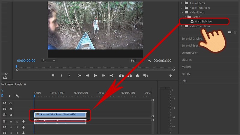 nhấn và kéo Warp Stabilizer vào video trên timeline