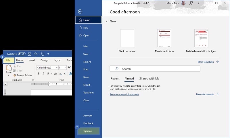 vào mục File và chọn Options