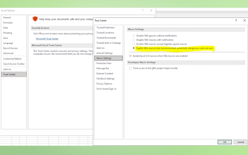 Thay đổi cài đặt Trust Center để giảm cảnh báo