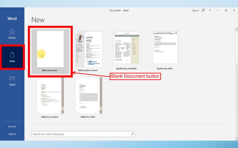 tạo Blank Document