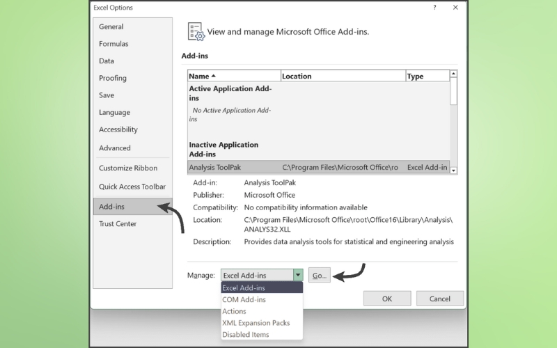 chọn Excel Add-ins rồi nhấn Go