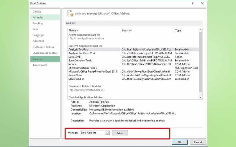 chọn Excel Add-ins rồi nhấn Go