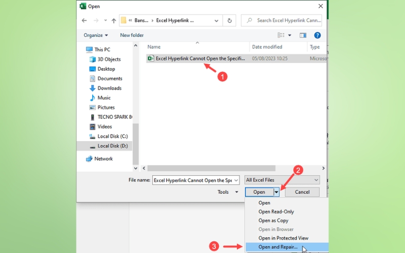 chọn Open and Repair