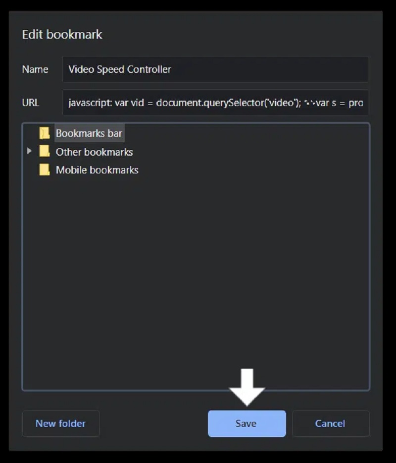 đặt tên cho bookmarklet và nhấn Save