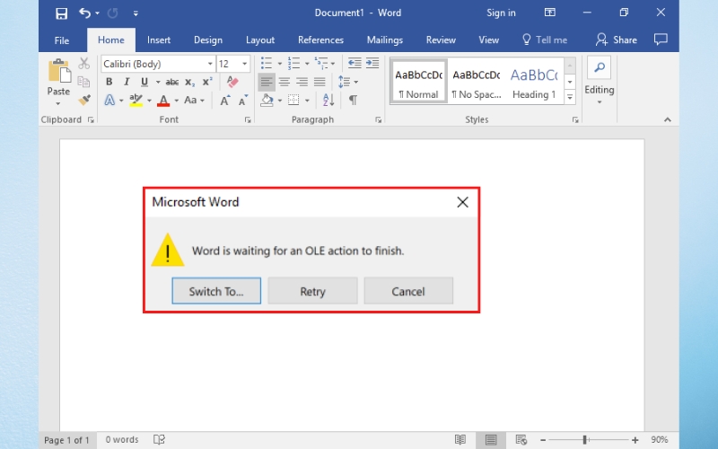 Dấu hiệu nhận biết lỗi Word is waiting for an OLE action to finish