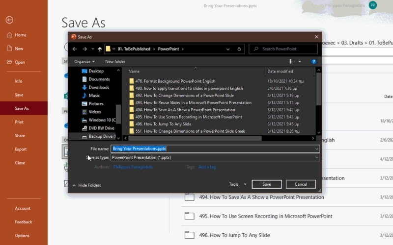 Lưu file PowerPoint với tên mới và vị trí khác