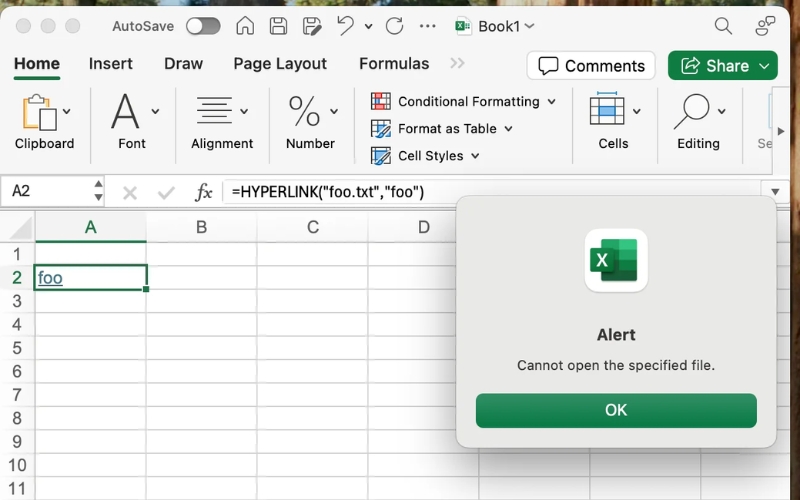 Nguyên nhân gây ra lỗi hyperlink trong Excel Cannot open specified file