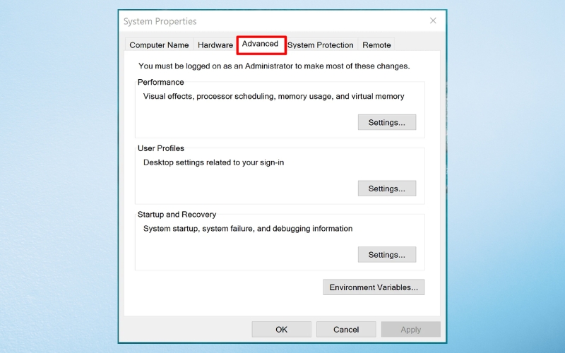 Nhấn nút Environment Variables
