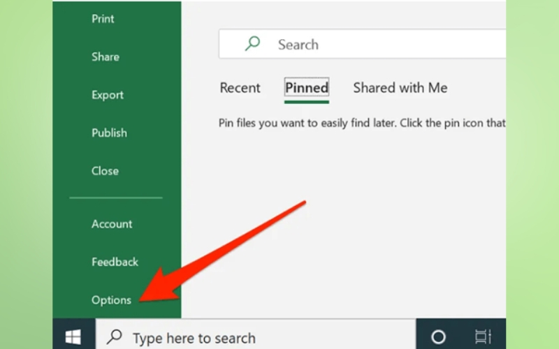 chọn tab File → Options