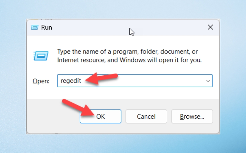 nhập regedit rồi nhấn OK