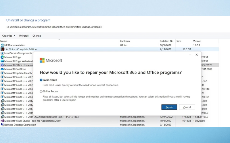 sửa chữa cài đặt Microsoft Office
