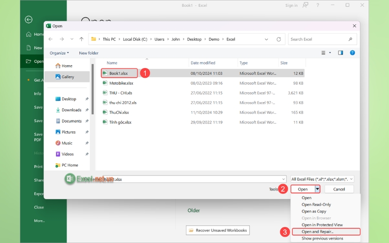 chọn Open and Repair