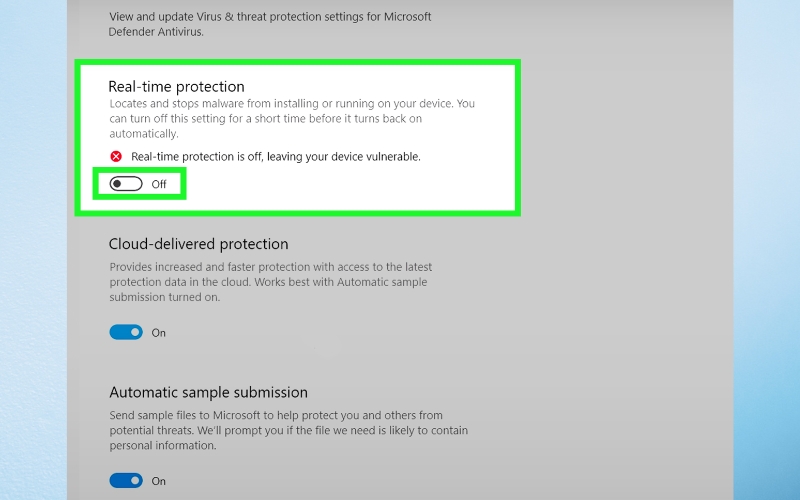 tắt Real-time Protection